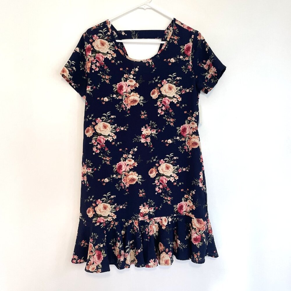 NEW NWT BLUE RAIN FRANCESCA'S Navy Blue Pink Cream Floral Ruffle Shift Dress M